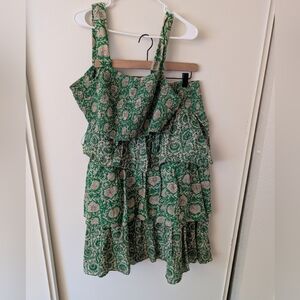 House Of Harlow 1960 Women Large Smocked Crop Top Tiered Skirt Set Green Floral